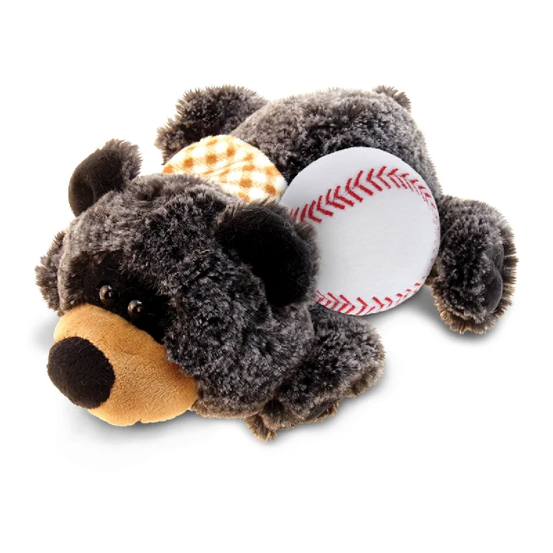 DolliBu Huggable Lying Black Bear Stuffed Animal with Baseball Plush - 9 inches