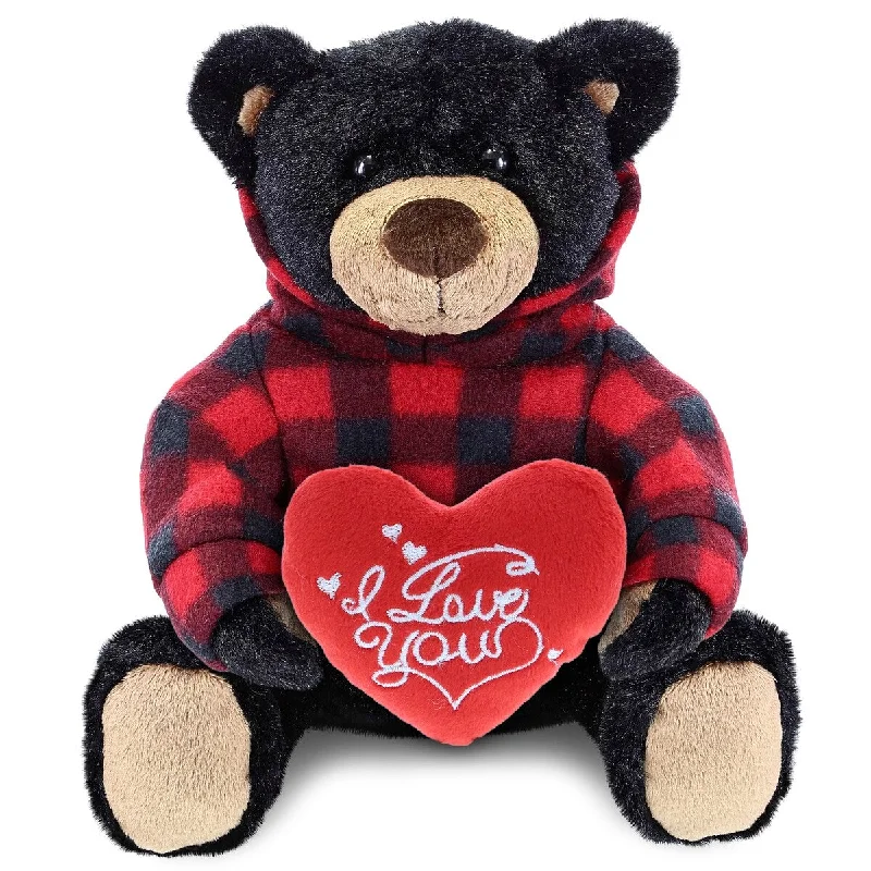 DolliBu I LOVE YOU Black Bear Plush with Red Plaid Hoodie w/ Red Heart - 10 inches