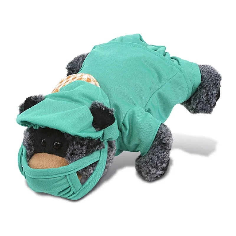 DolliBu Lying Black Bear Doctor Plush with Scrub Uniform & Cap Outfit - 9 inches