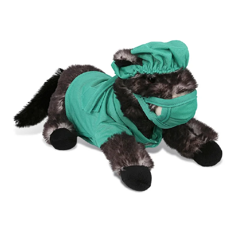 DolliBu Lying Black Horse Doctor Plush with Cute Scrub Uniform and Cap - 10.5 inches