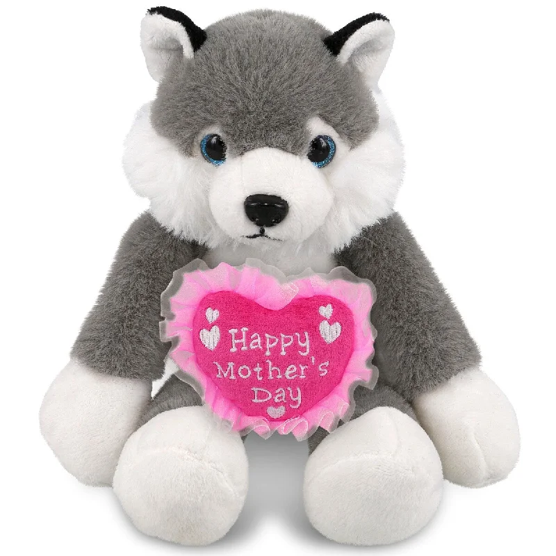 DolliBu Mother’s Day Super Soft Plush Long Leg Husky With Pink Heart - 10.5 inches