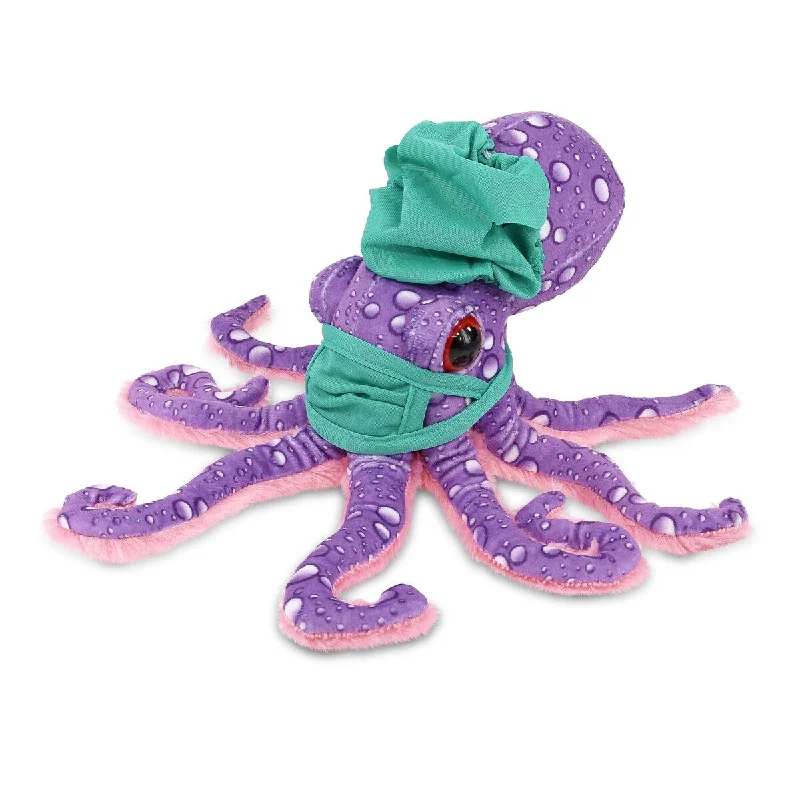 DolliBu Purple Octopus Doctor Plush with Cute Scrub Cap and Face Mask - 12 inches