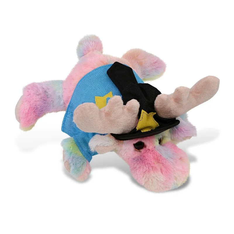 DolliBu Rainbow Lying Moose Police Officer Plush Toy with Cop Uniform - 9 inches