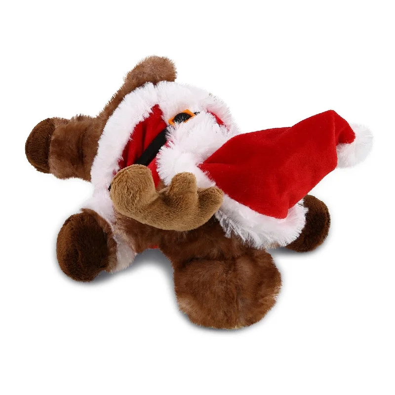 DolliBu Santa Brown Lying Moose Stuffed Animal Plush with Santa Outfit - 9.5 inches