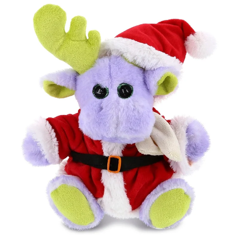 DolliBu Santa Sitting Purple Moose with Scarf Stuffed Animal Plush Toy - 12 inches