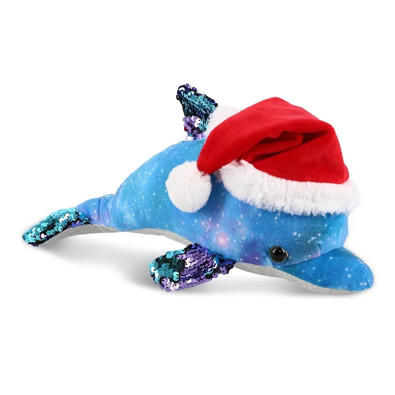 DolliBu Santa Space Sequin Dolphin Stuffed Animal Plush with Santa Hat - 12 inches