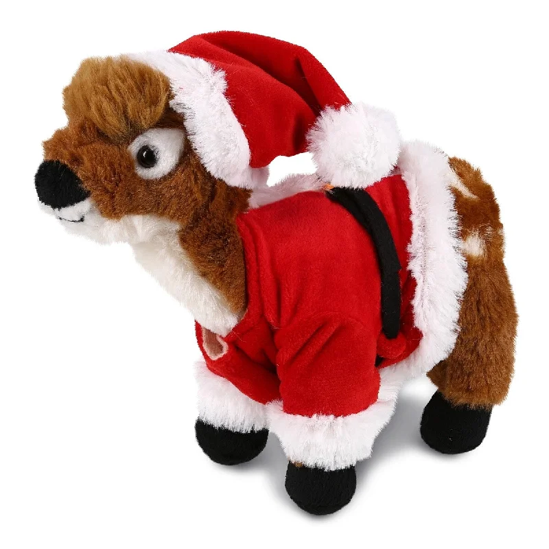 DolliBu Santa Standing Deer Stuffed Animal Plush Toy with Santa Outfit - 10 inches