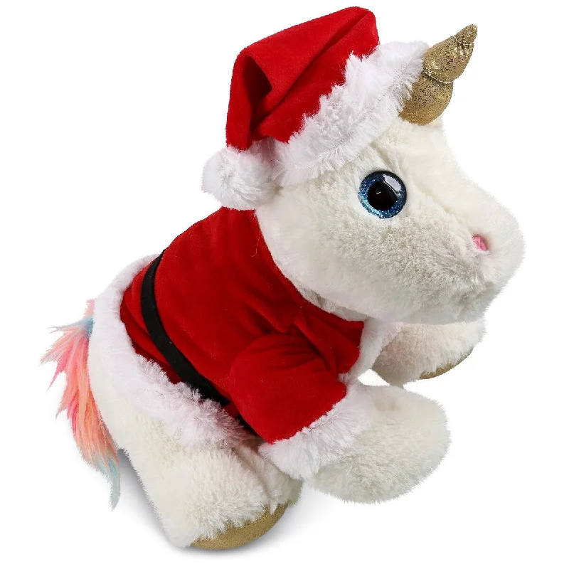 DolliBu Santa White and Gold Unicorn Stuffed Animal Plush with Outfit - 11.5 inches