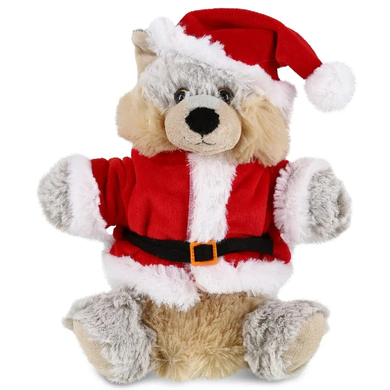 DolliBu Santa Wolf Stuffed Animal Plush Hand Puppet with Santa Outfit - 8.5 inches