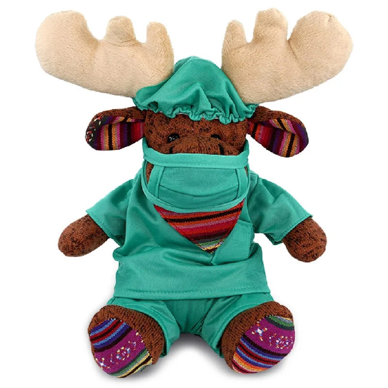 DolliBu Sitting Brown Moose Doctor Funky Plush w/ Scrub Uniform & Cap - 11 inches