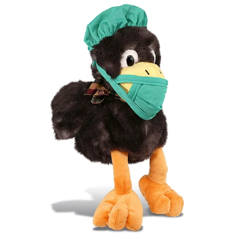 DolliBu Sitting Crow Doctor Plush Toy with Cute Scrub Uniform and Cap - 9.5 inches