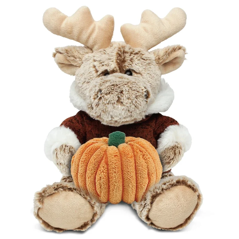 DolliBu Sitting Moose with Sweater Stuffed Animal with Pumpkin Decor - 8 inches