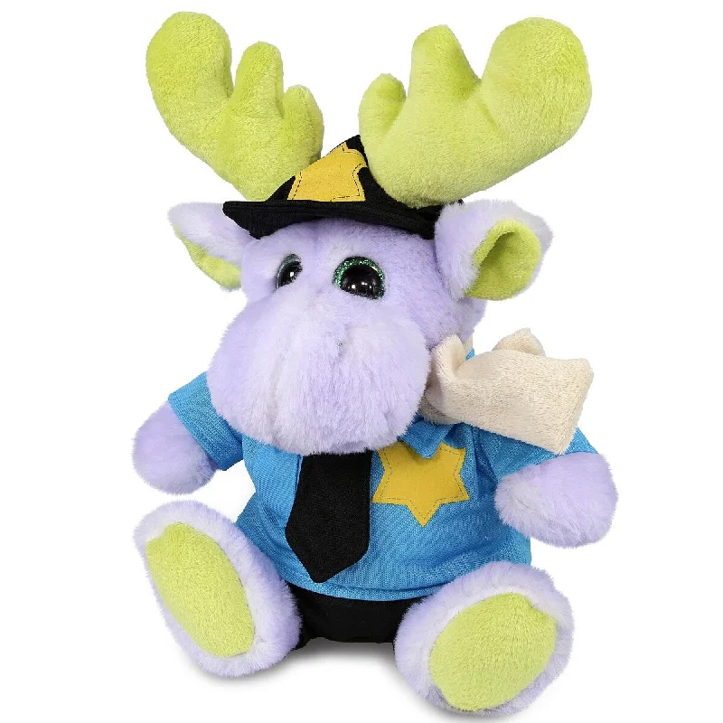 DolliBu Sitting Purple Moose Police Officer Plush Toy with Cop Uniform - 12 inches