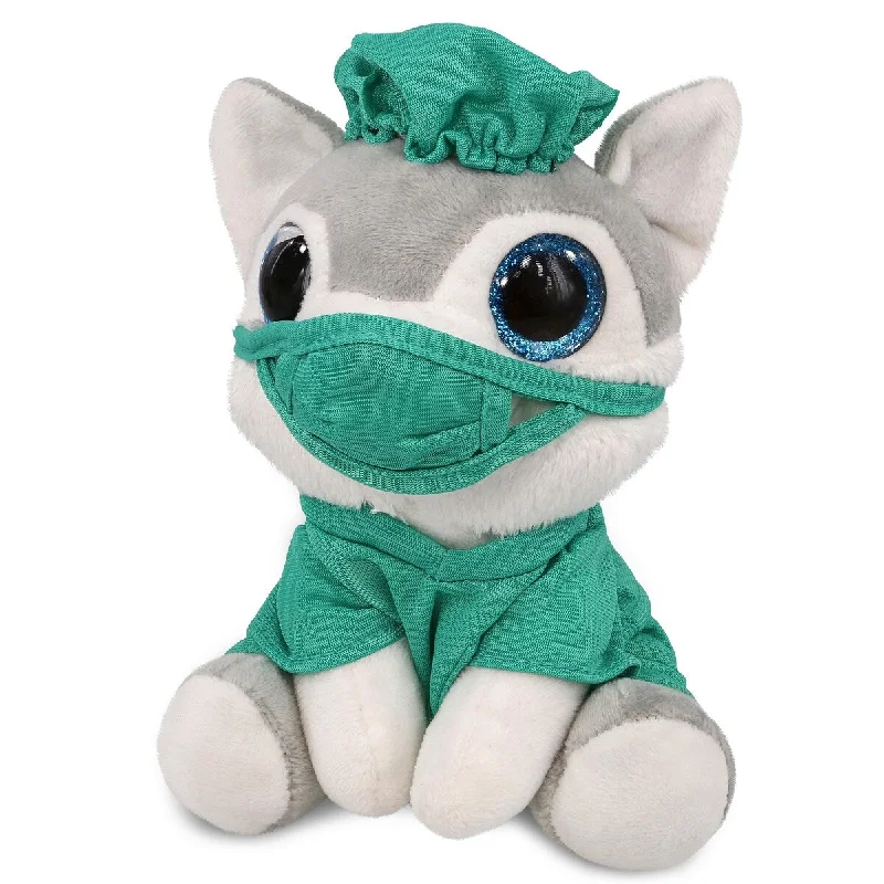 DolliBu Small Wolf Sparkle Eyes Doctor Plush w/ Scrub Uniform and Cap - 8 inches