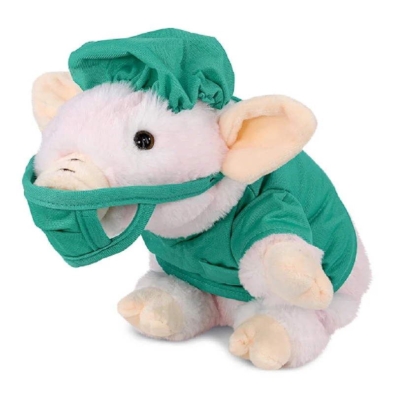 DolliBu Squat Piggy Doctor Plush Toy with Scrub Uniform and Cap Outfit - 7 inches