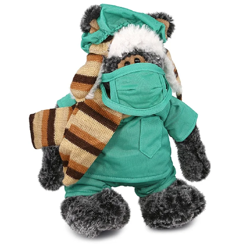 DolliBu Standing Black Bear Doctor Plush Toy w/ Scrub Uniform and Cap - 11 inches