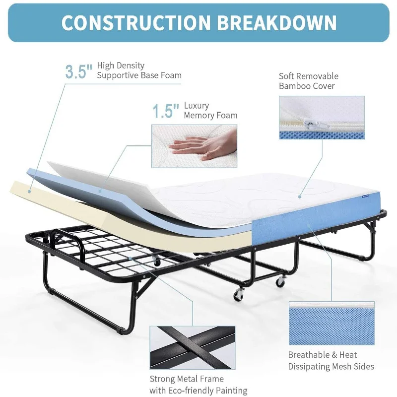 Inofia Foldable Folding Bed, 5 Inch Memory Foam Mattress and Portable Metal Frame on Wheels - 75 inches x 38 inches