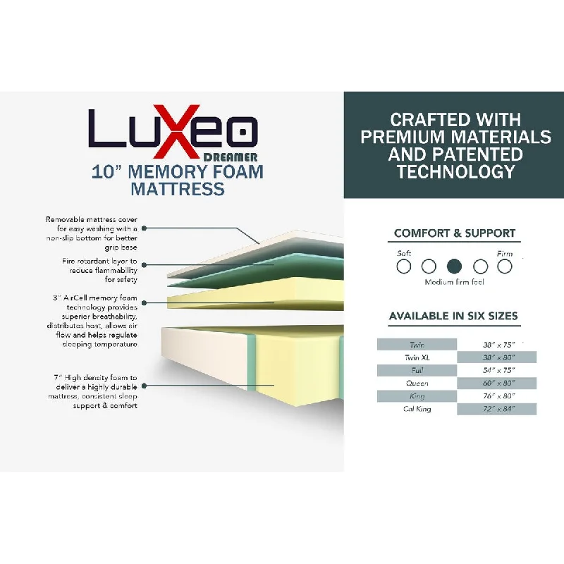 LuXeo Dreamer 10-inch CertiPur-US Memory Foam Mattress