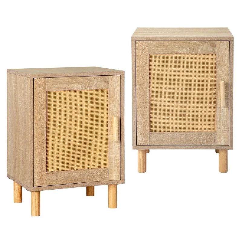 2pcs Farmhouse Style Single Door Bedside Cabinet with Rattan Decor