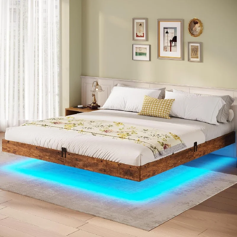 Bed Frame Floating LED Lights Industrial Wooden Metal Platform Bed