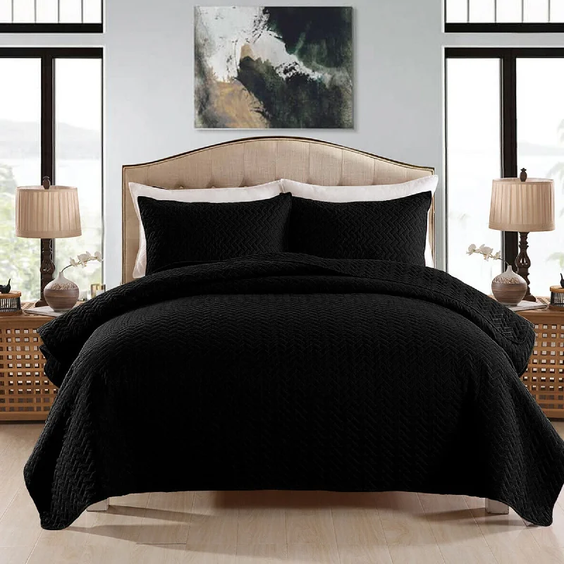 Bedspread Set 3-Piece Oversized Bed Cover Ultrasonic Quilt Black