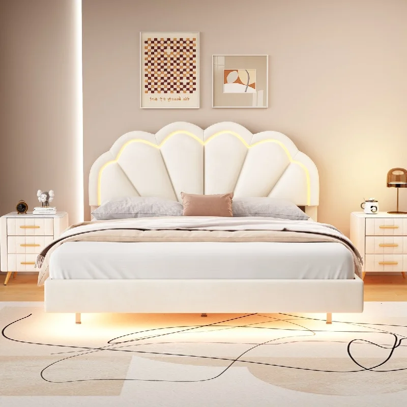 Beige Queen Size Platform Bed with Smart LED Lights for Ambiance