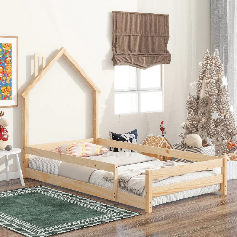 Beige Twin Size Wood Kids Floor Bed - House-shaped Headboard, Guardrails, Multiple Colors Available