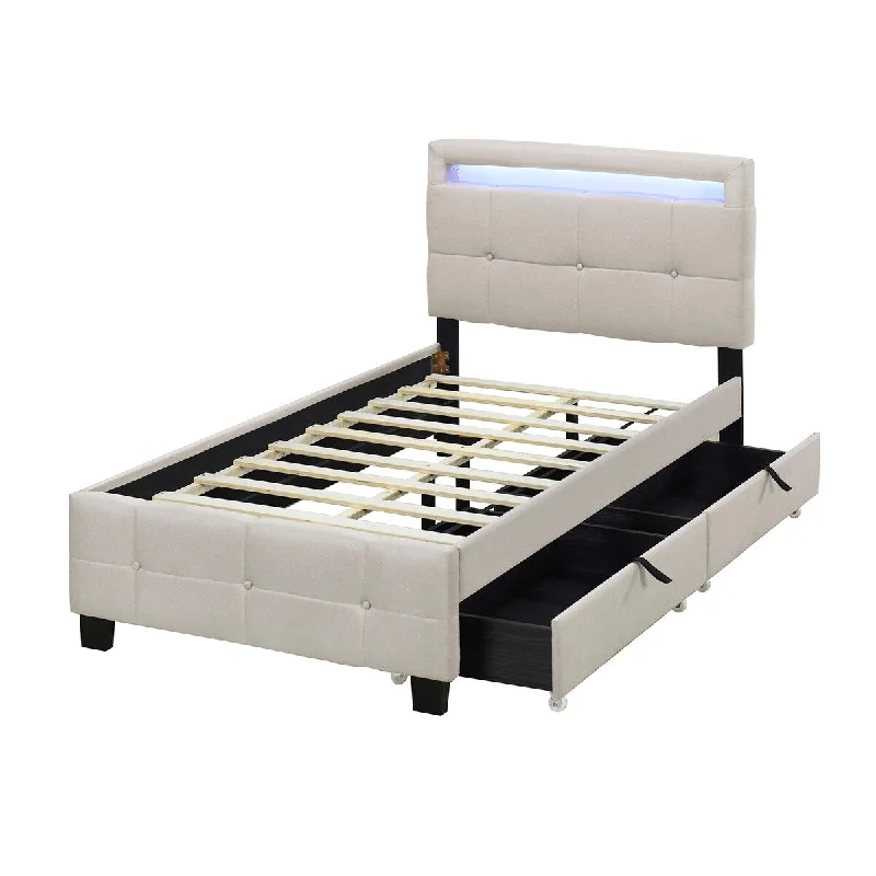 Beige Twin SizeLinen Fabric Upholstered Bed with LED Frame