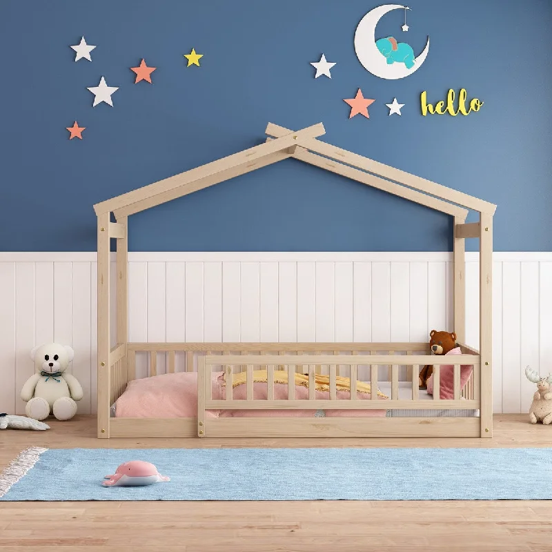 Beige Twin SizePlayhouse Bed Frame with Fence - Fun and Functional Design