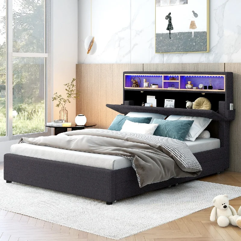 Black Full Size Upholstered Platform Bed with Storage