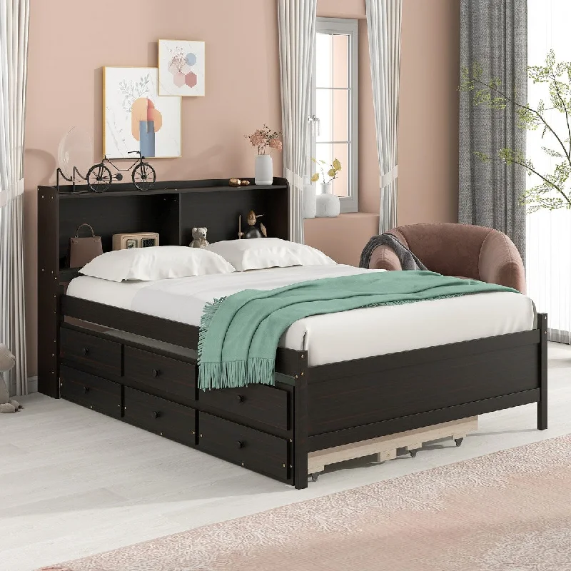 Black Full SizeEspresso Bed with Bookcase, Trundle, Storage Drawers