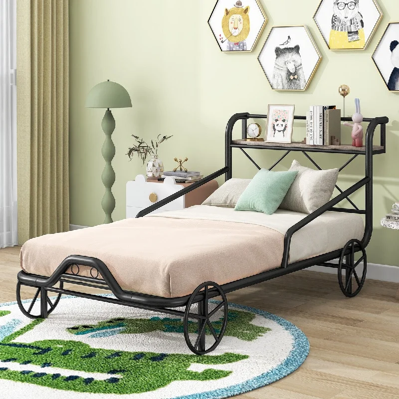 Black Twin Size Metal Car Bed with Wheels and Shelf