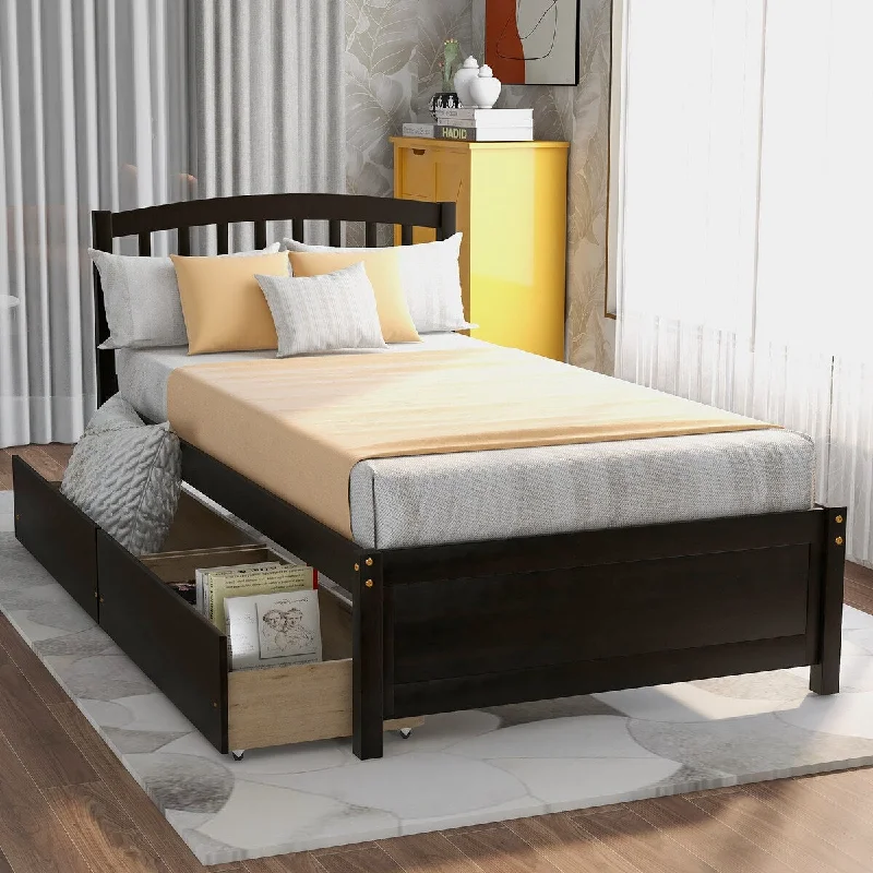 Black Twin Size Platform Bed Frame with Two Drawers and Headboard