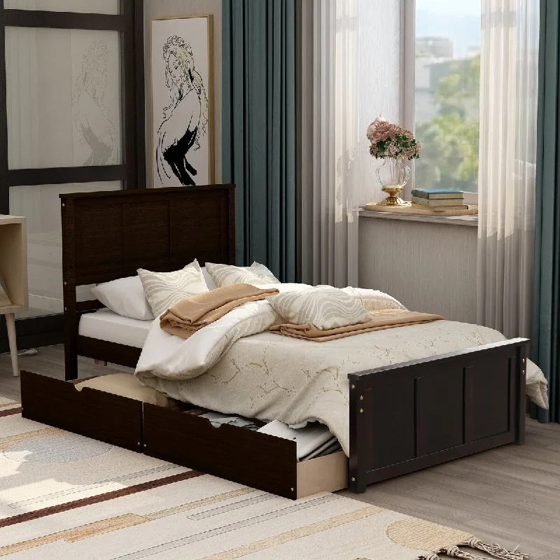 Black Twin Size/ Platform Storage Bed with Two Drawers on Wheels, Crafted from Sturdy Solid Wood and MDF Construction