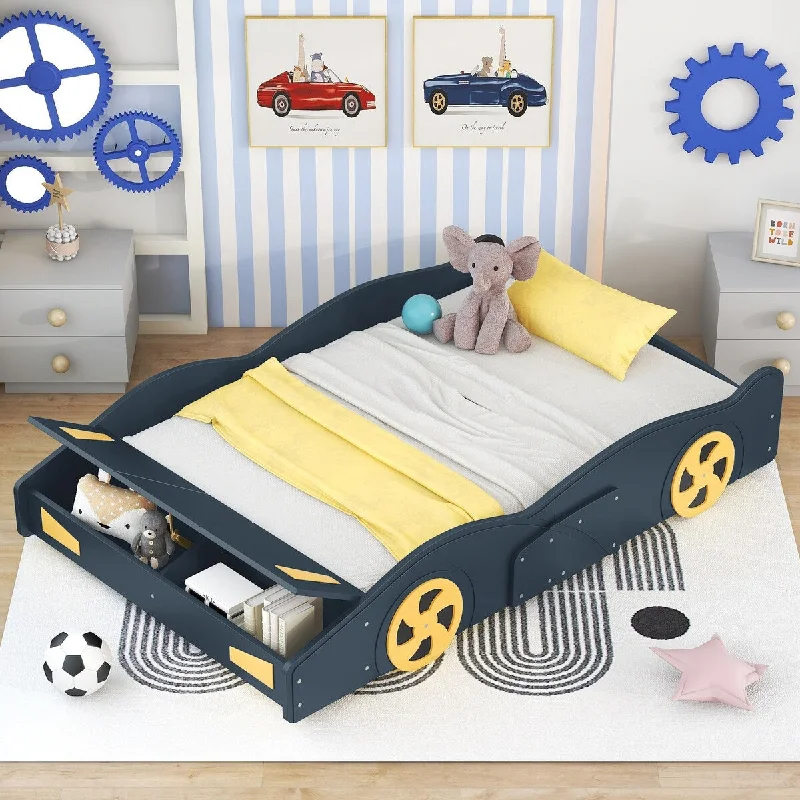 Blue Full Size Car-Themed Platform Bed with Built-In Storage