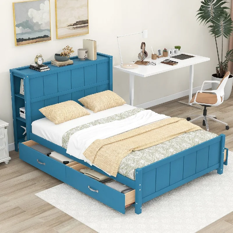 Blue Full Size Platform Bed with Handy Drawers for Organization