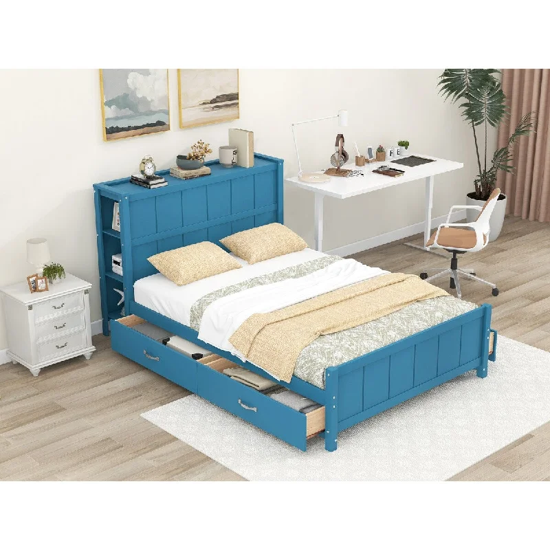 Blue Full Size Platform Bed with Shelves and Drawers