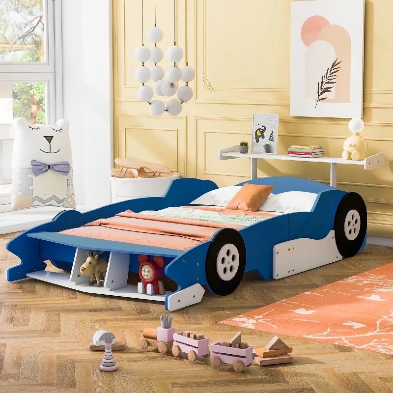 Blue Full Size Race Car Platform Bed with Storage