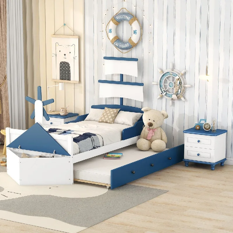 Blue Twin Size Boat-Shaped Platform Bed Set