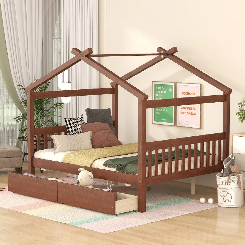 Brown Full Size House Bed with Convenient Drawers for Extra Storage