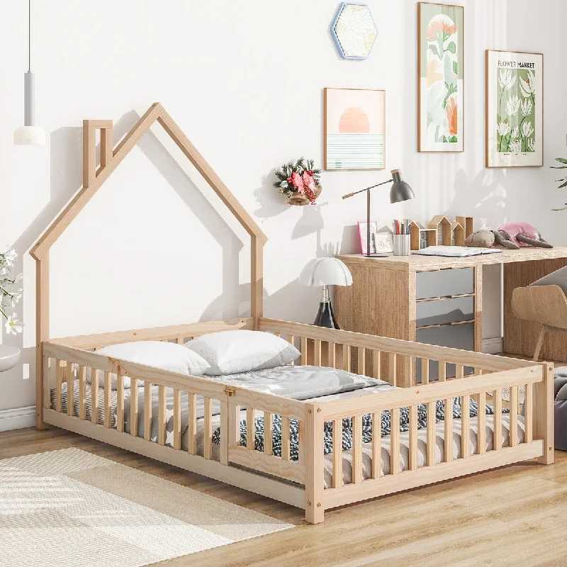 Brown Full Wood House Floor Bed with Fence