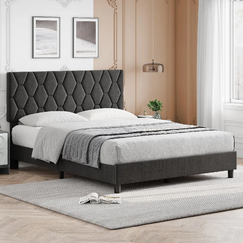 Diamond Upholstered Platform Bed Frame Wood Slat Support