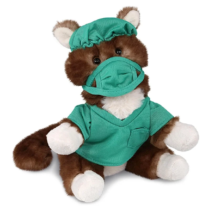 DolliBu Brown Cat Doctor Plush with Cute Scrub Uniform and Cap Outfit - 7 inches