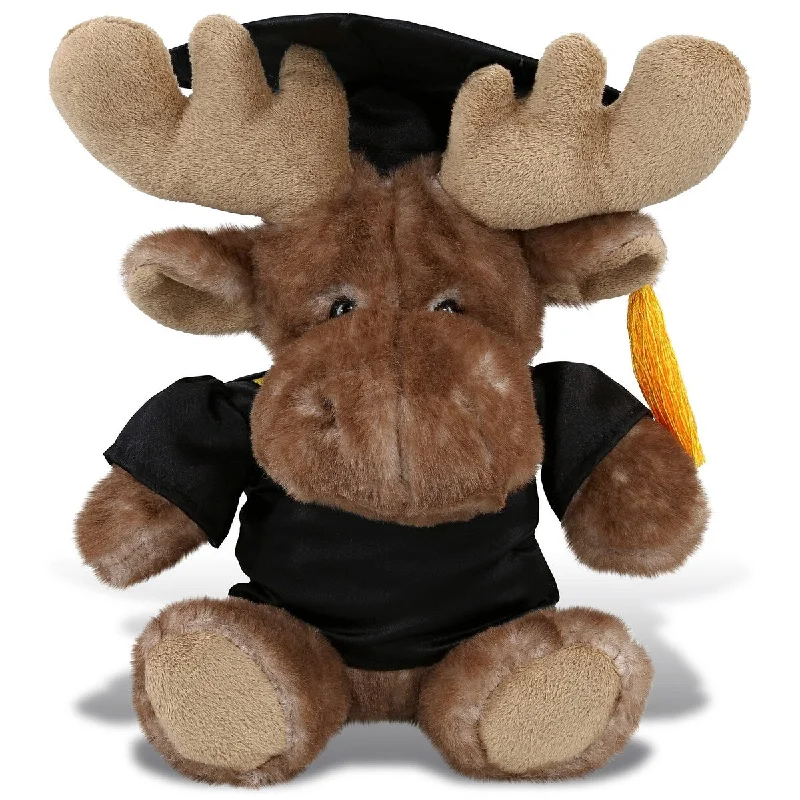 DolliBu Brown Sitting Moose Graduation Plush Toy with Gown and Cap - 7.5 inches