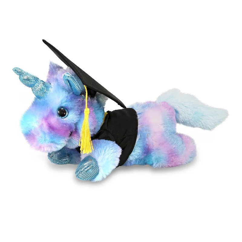 DolliBu Friday Blue Unicorn Graduation Plush Toy with Gown and Cap - 10.5 inches