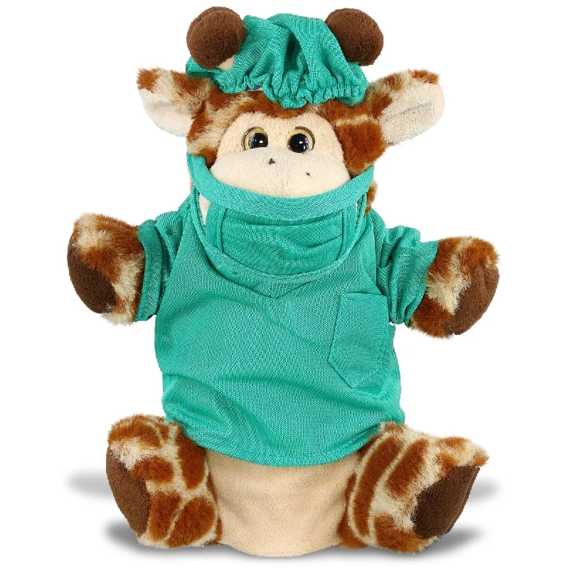 DolliBu Giraffe Doctor Plush Hand Puppet Toy w/ Scrub Uniform and Cap - 10 inches