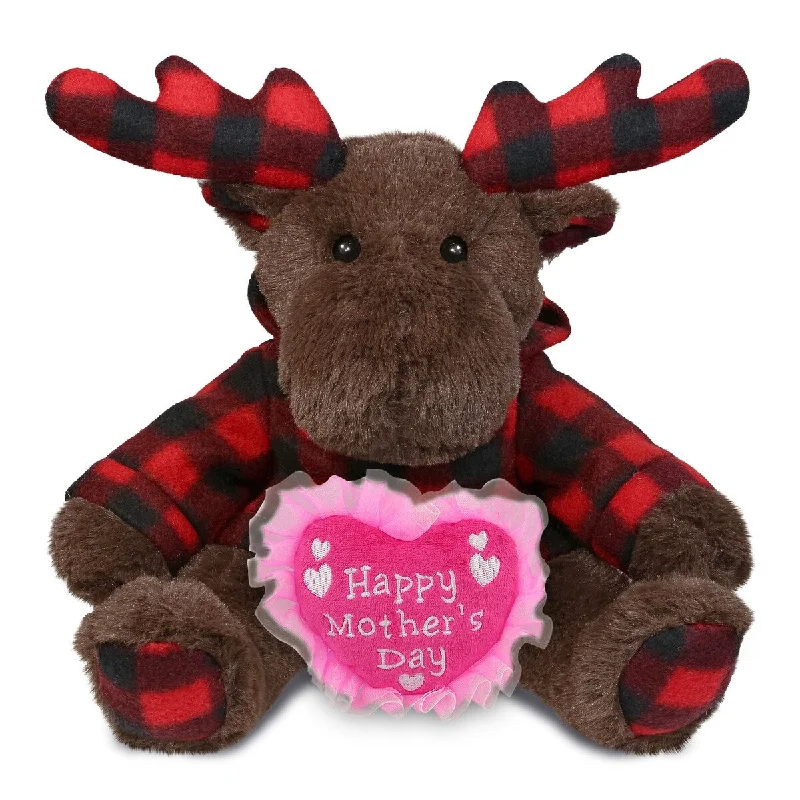 DolliBu Happy Mother’s Day Plush Plaid Brown Moose with Hoodie - 10 inches