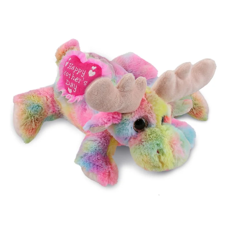 DolliBu Happy Mother’s Day Plush Rainbow Lying Moose with Pink Heart - 9.5 inches