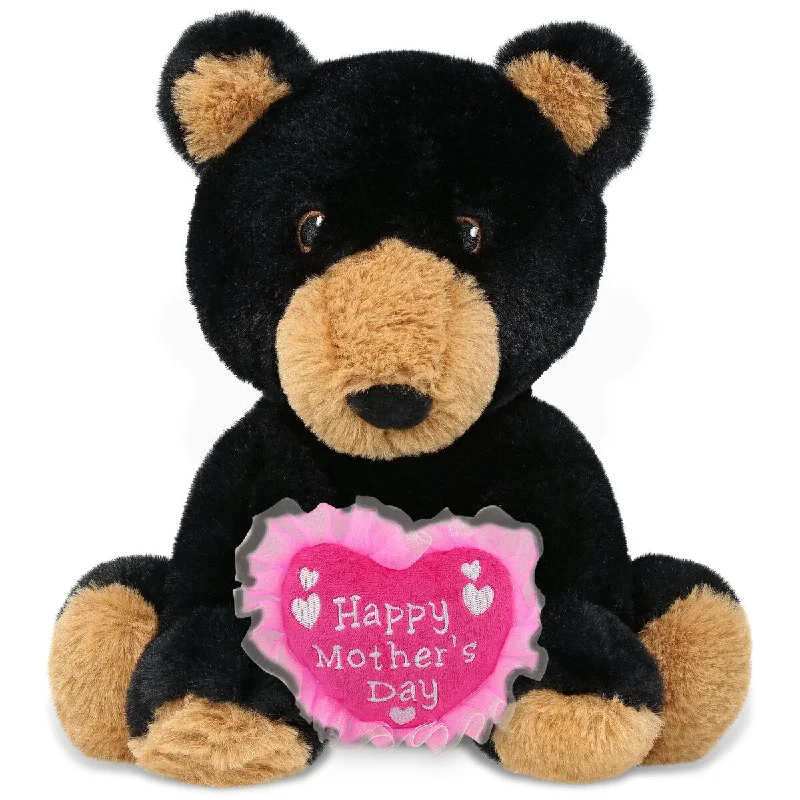 DolliBu Happy Mother’s Day Super Soft Plush Black Bear With Pink Heart - 9 inches