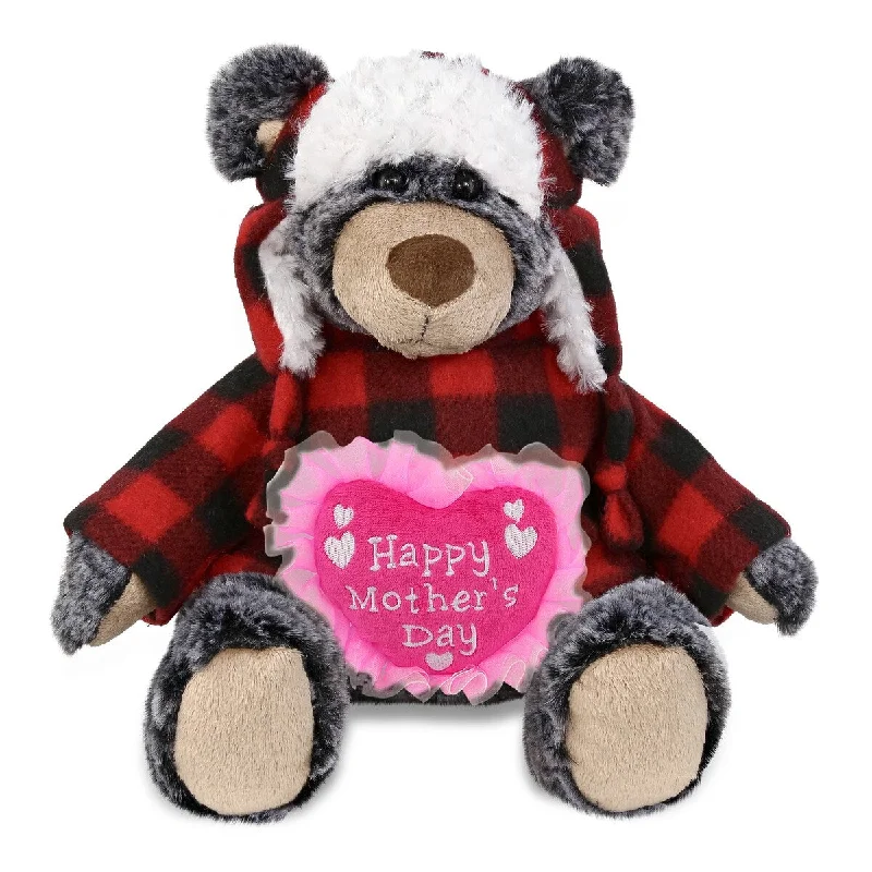 DolliBu Happy Mothers Day Super Soft Plush Red Plaid Outfit Black Bear - 9 inches